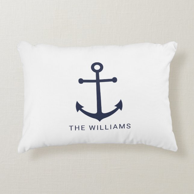 Nautical Navy Blue Anchor and Custom Name Accent Pillow (Front)