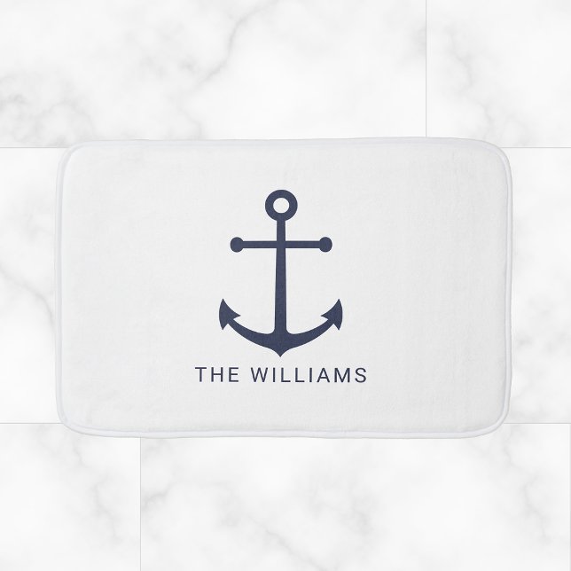 Nautical Navy Blue Anchor and Custom Name Bath Mat (Creator Uploaded)