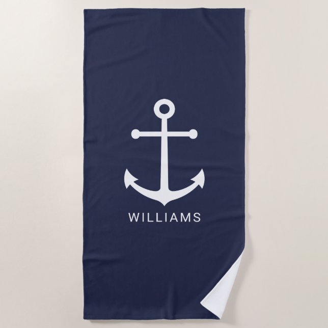 Nautical Navy Blue Anchor and Custom Name Beach Towel (Front)