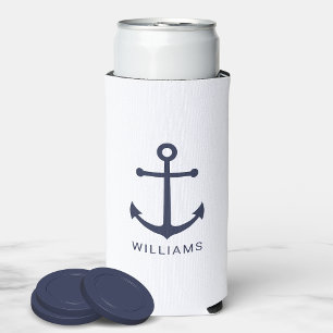 Nautical Navy Blue Anchor and Custom Name Can Cool Seltzer Can Cooler