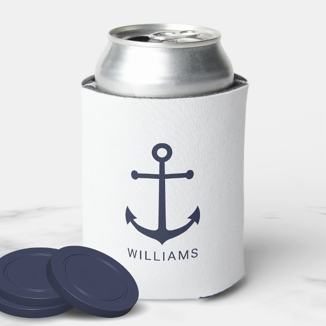Nautical Navy Blue Anchor and Custom Name Can Cooler (Creator Uploaded)