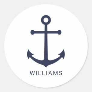 Nautical Navy Blue Anchor and Custom Name Classic Round Sticker