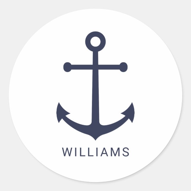 Nautical Navy Blue Anchor and Custom Name Classic Round Sticker (Front)