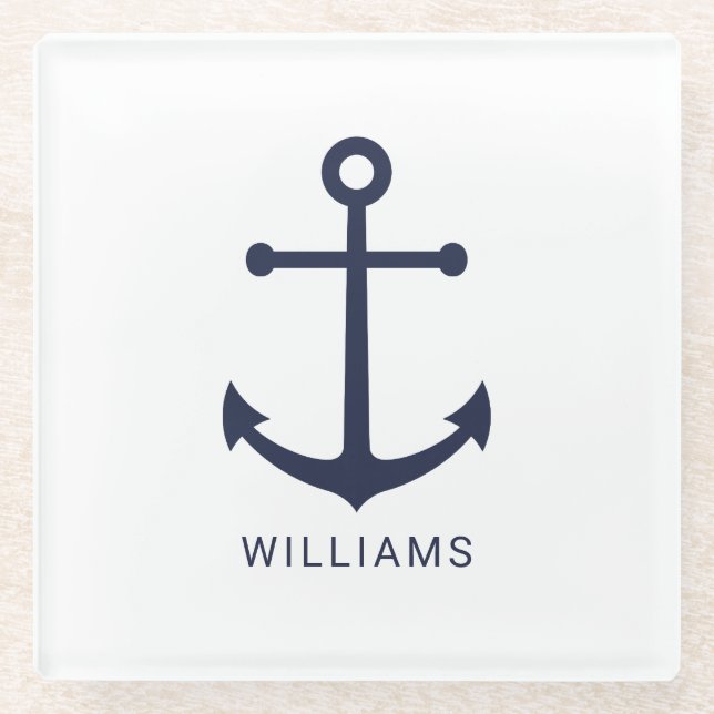 Nautical Navy Blue Anchor and Custom Name Glass Coaster (Front)