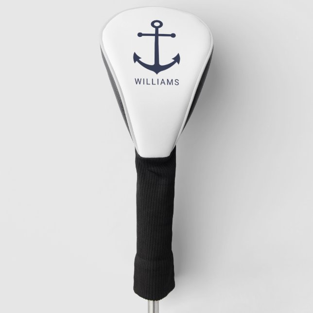Nautical Navy Blue Anchor and Custom Name Golf Head Cover (Front)