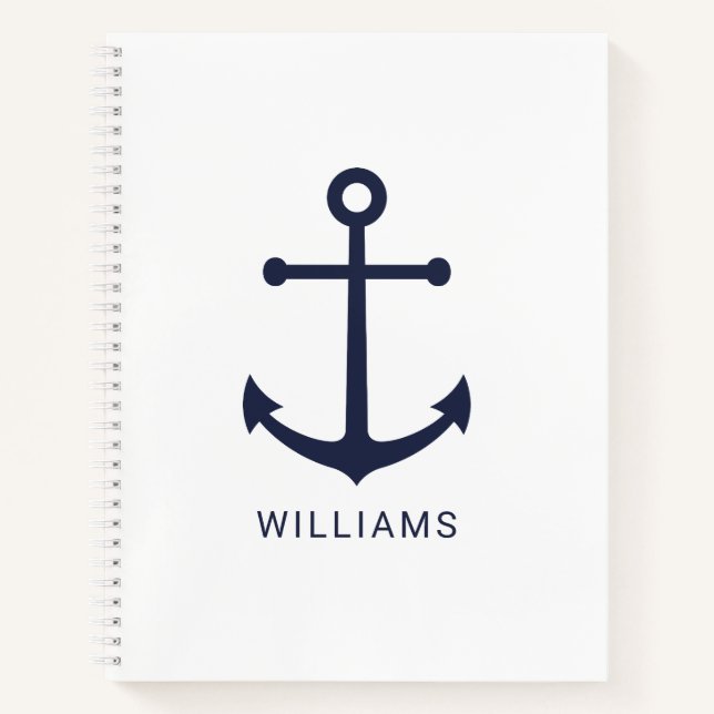 Nautical Navy Blue Anchor and Custom Name on White Notebook (Front)