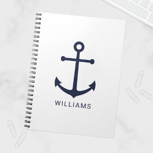 Nautical Navy Blue Anchor and Custom Name on White Notebook