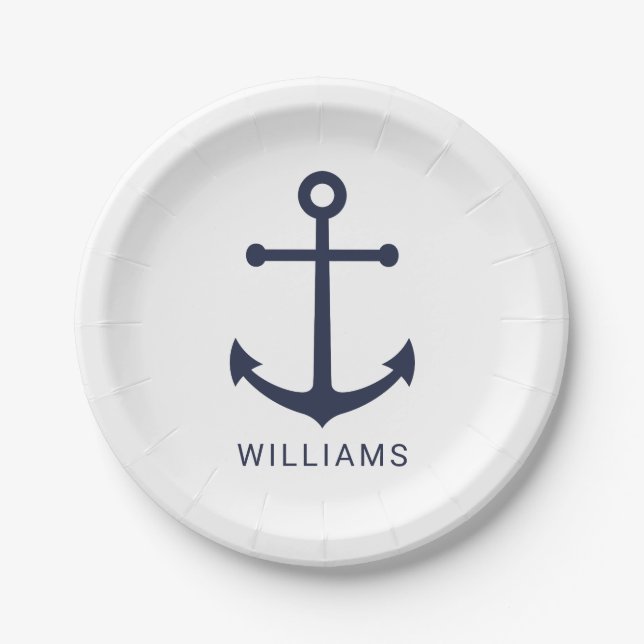 Nautical Navy Blue Anchor and Custom Name Paper Plate (Front)