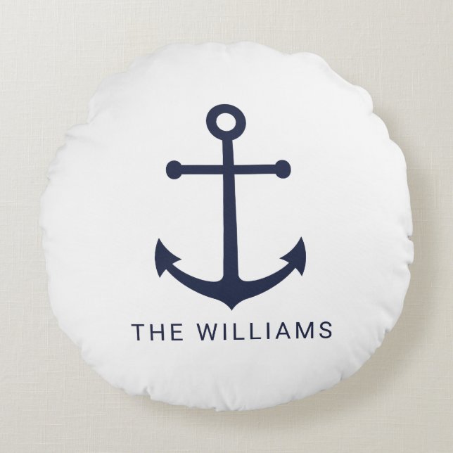 Nautical Navy Blue Anchor and Custom Name Round Pillow (Front)