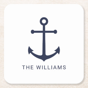 Nautical Navy Blue Anchor and Custom Name Square Paper Coaster