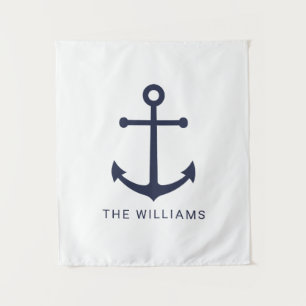 Nautical Navy Blue Anchor and Custom Name Tapestry