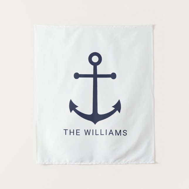 Nautical Navy Blue Anchor and Custom Name Tapestry (Front)