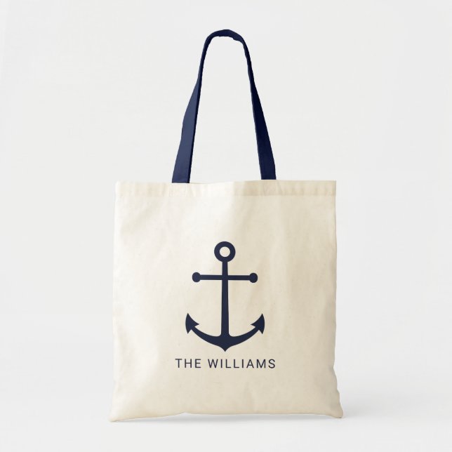 Nautical Navy Blue Anchor and Custom Name Tote Bag (Front)