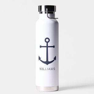 Nautical Navy Blue Anchor and Custom Name Water Bottle