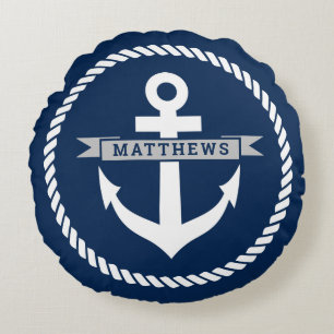 Nautical navy blue anchor and rope family name round pillow