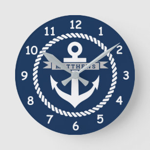 Nautical navy blue anchor and rope personalized round clock