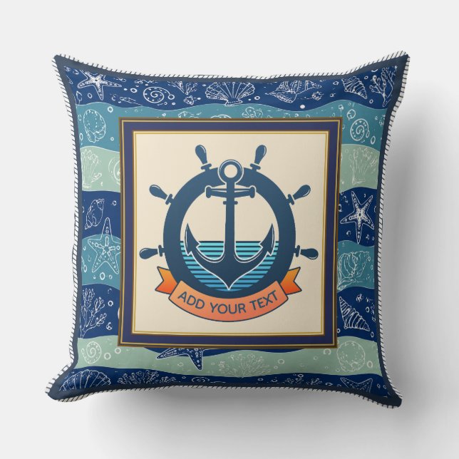 Nautical Navy Blue Anchor and Ship’s Wheel Throw Pillow (Front)