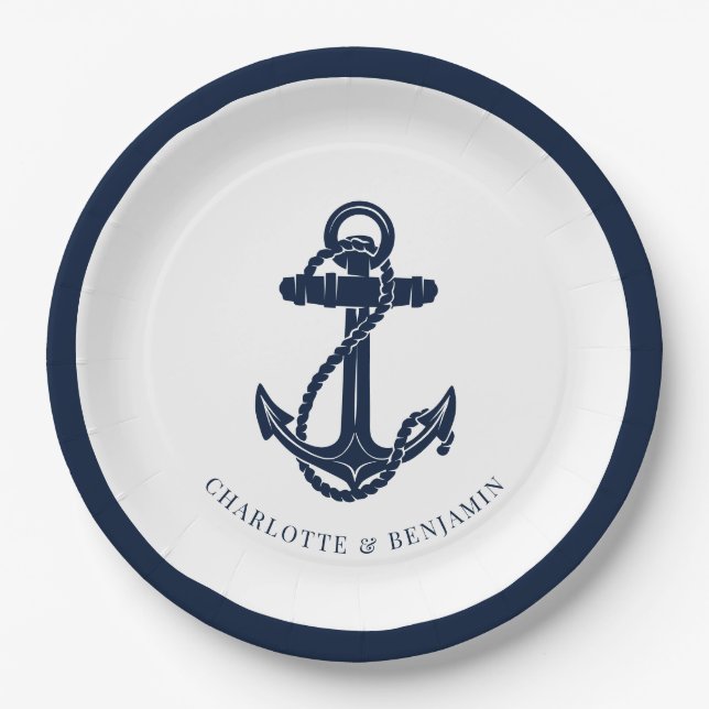 Nautical Navy Blue Anchor Beach Wedding Paper Plate (Front)