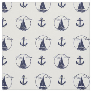 Nautical Navy blue anchor/blue sailboat silhouette Fabric