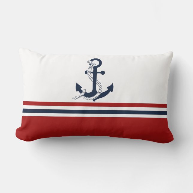 Nautical Navy Blue Anchor Blue White Red Stripes Lumbar Pillow (Front)