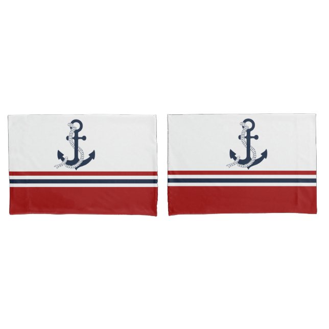 Nautical Navy Blue Anchor Blue White Red Stripes Pillowcase (Front-Set)