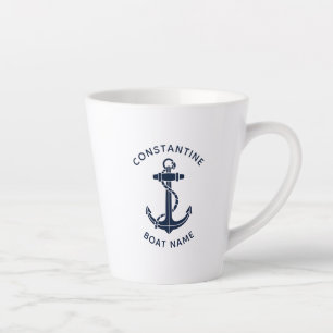 Nautical Navy Blue Anchor Boat Captain Name Latte Mug