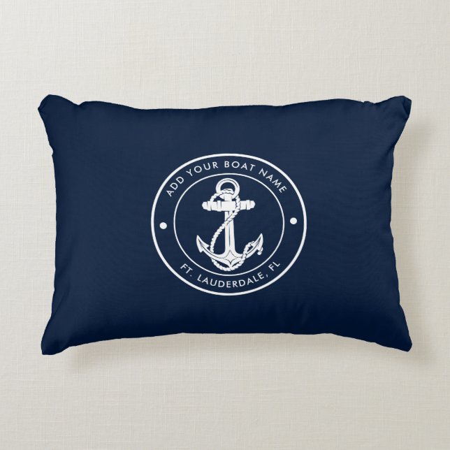 Nautical Navy Blue Anchor Boat Name Custom Accent Pillow (Front)