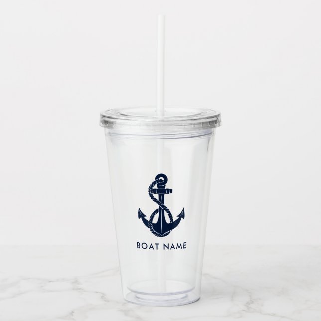 Nautical Navy Blue Anchor Boat Name Custom Acrylic Tumbler (Front)