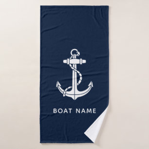 Nautical Navy Blue Anchor Boat Name Custom Bath Towel