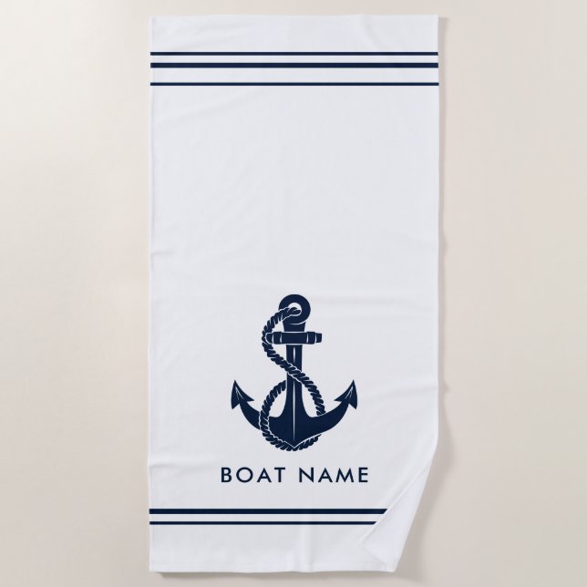 Nautical Navy Blue Anchor Boat Name Custom Beach Towel (Front)