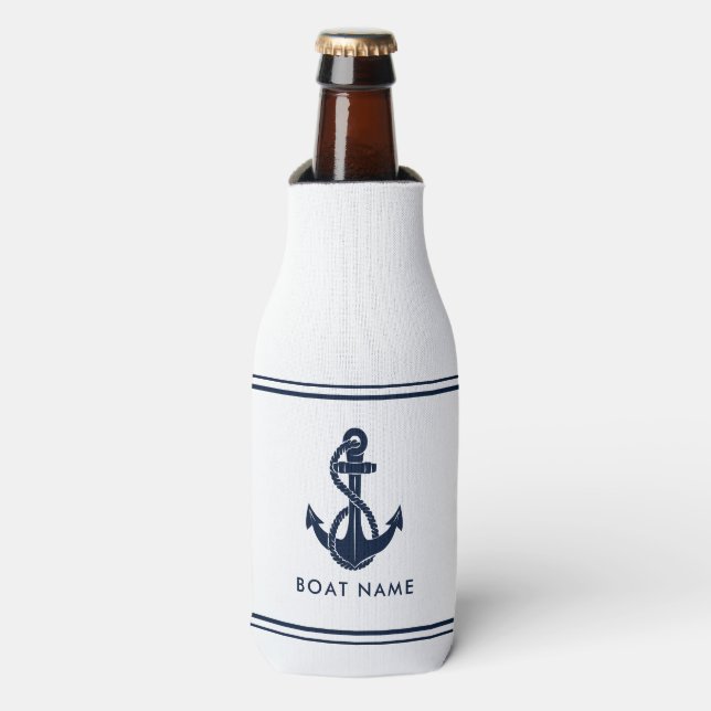 Nautical Navy Blue Anchor Boat Name Custom Bottle Cooler (Bottle Front)