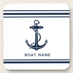 Nautical Navy Blue Anchor Boat Name Custom Coaster