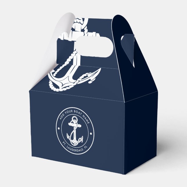 Nautical Navy Blue Anchor Boat Name Custom Favor Box (Back Side)