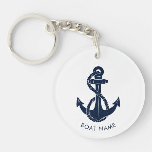 Nautical Navy Blue Anchor Boat Name Custom Keychain