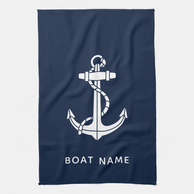Nautical Navy Blue Anchor Boat Name Custom Kitchen Towel (Vertical)