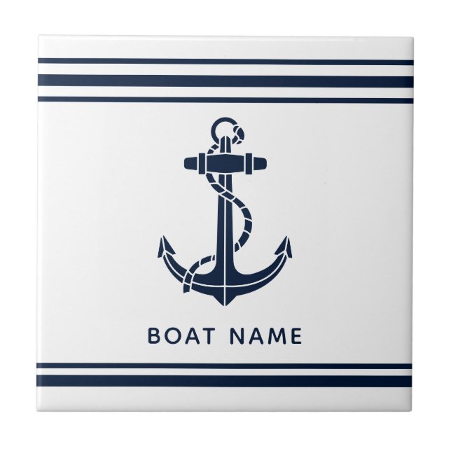 Nautical Navy Blue Anchor Boat Name Custom Tile (Front)