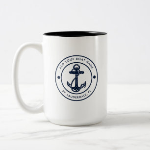 Nautical Navy Blue Anchor Boat Name Custom Two-Tone Coffee Mug