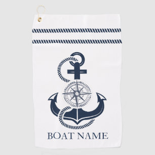 Nautical Navy Blue Anchor Boat Name Golf Towel