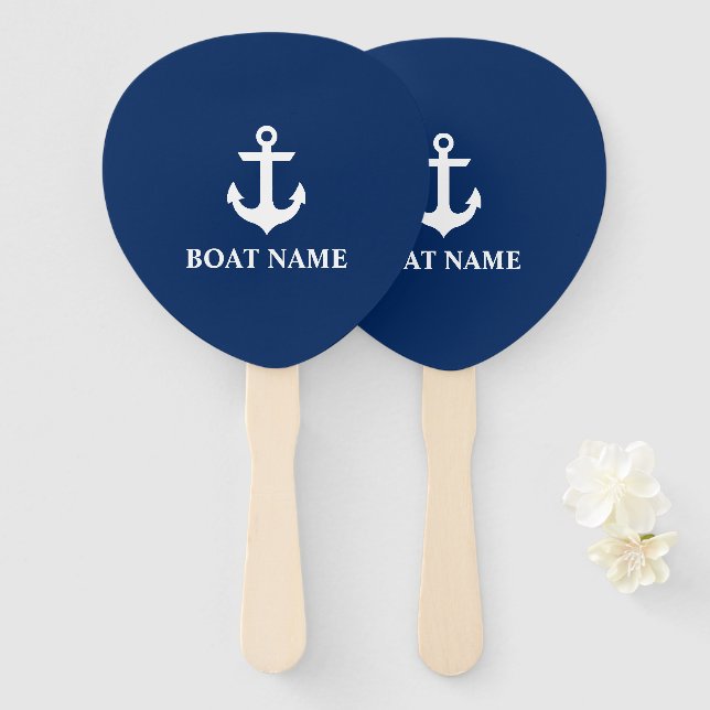 Nautical Navy Blue Anchor Boat Name Hand Fan (Front and Back)