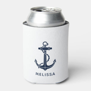Nautical Navy Blue Anchor Boat Name Personalized Can Cooler