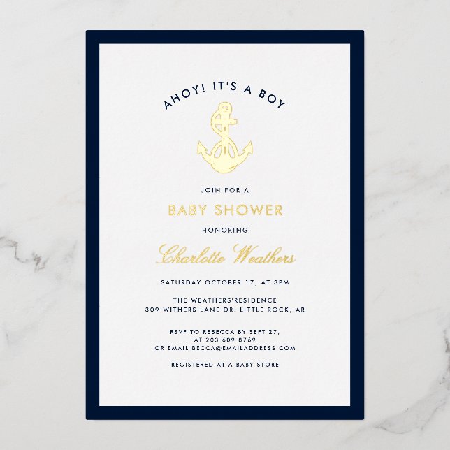 Nautical Navy Blue Anchor Boy Baby Shower Gold (Front)