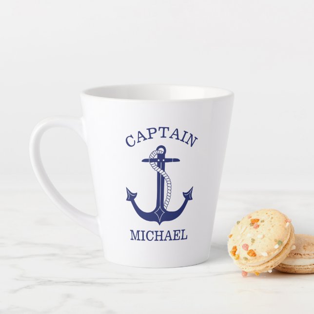 Nautical Navy Blue Anchor Captain Add Name Latte Mug (In Situ)