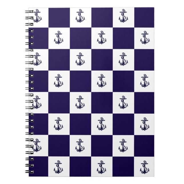 Nautical Navy Blue Anchor Chequered Board Notebook (Front)