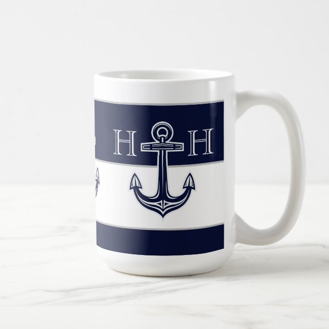 Nautical Navy Blue Anchor Coastal Monogram Coffee  Mug (Right)