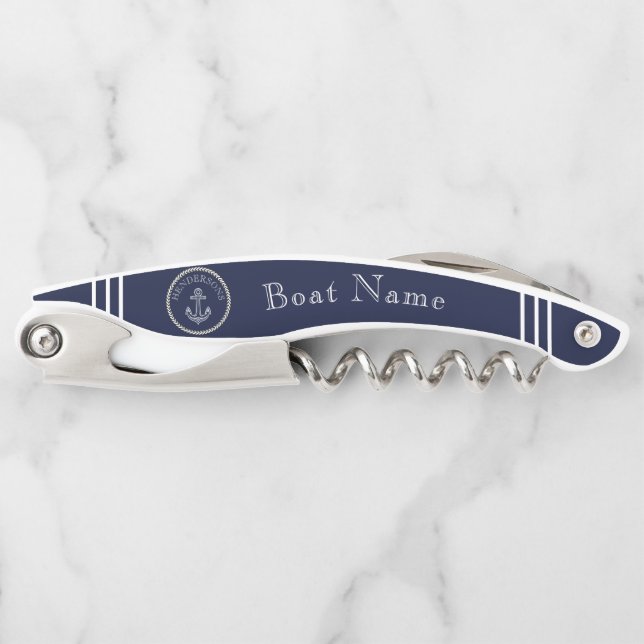 Nautical Navy Blue Anchor Coastal Monogram  Corkscrew (Front)