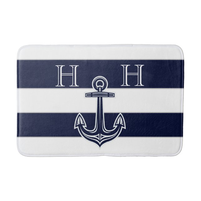 Nautical Navy Blue Anchor Coastal Monogram Name Bath Mat (Front)