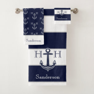 Nautical Navy Blue Anchor Coastal Monogram Name  Bath Towel Set