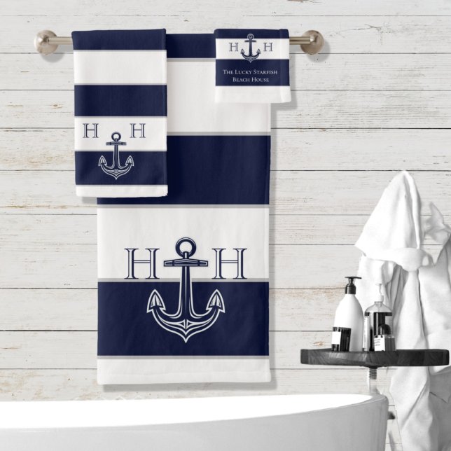 Nautical Navy Blue Anchor Coastal Monogram Name  Bath Towel Set (Creator Uploaded)