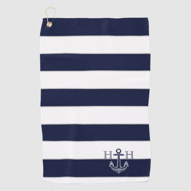 Nautical Navy Blue Anchor Coastal Monogram Name  Golf Towel (Front)