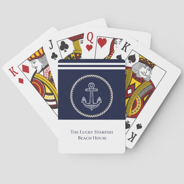 Nautical Navy Blue Anchor Coastal Monogram Name Pl Playing Cards (Back)